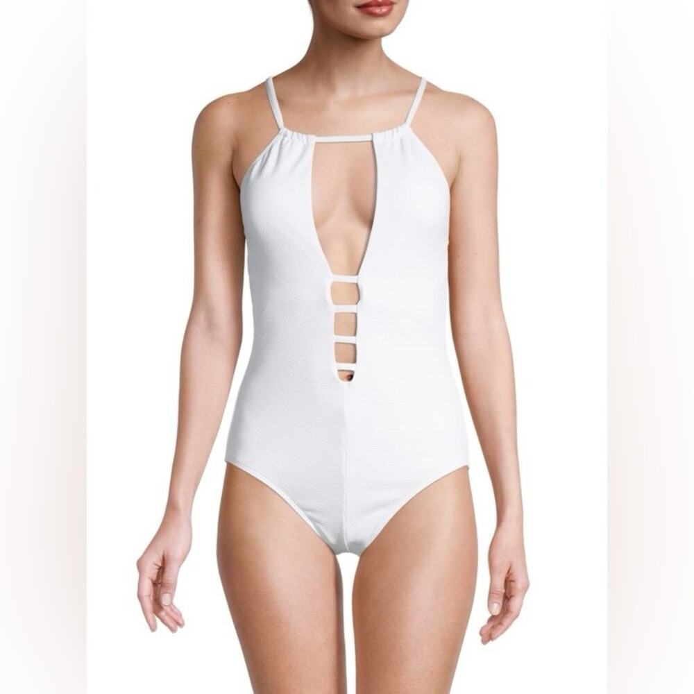 New RACHEL Rachel Roy ​Pique Lattice Cutout One Piece Swimsuit White Small